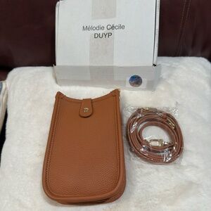 DUYP MELODIE CECILE Togo Leather Cell Phone Mini Crossbody Bag CAMEL BROWN